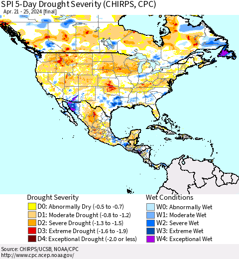 North America SPI 5-Day Drought Severity (CHIRPS) Thematic Map For 4/21/2024 - 4/25/2024