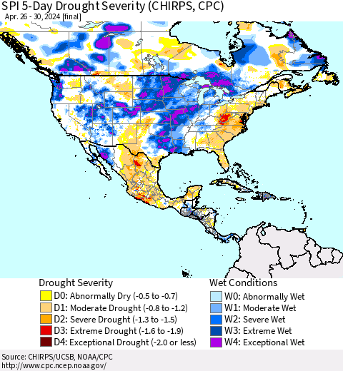 North America SPI 5-Day Drought Severity (CHIRPS) Thematic Map For 4/26/2024 - 4/30/2024