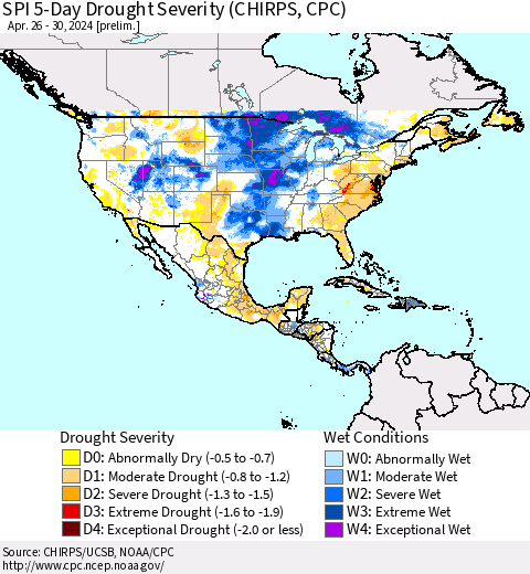 North America SPI 5-Day Drought Severity (CHIRPS) Thematic Map For 4/26/2024 - 4/30/2024