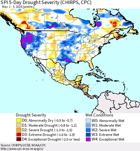 North America SPI 5-Day Drought Severity (CHIRPS) Thematic Map For 5/1/2024 - 5/5/2024