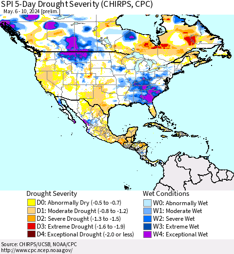North America SPI 5-Day Drought Severity (CHIRPS) Thematic Map For 5/6/2024 - 5/10/2024