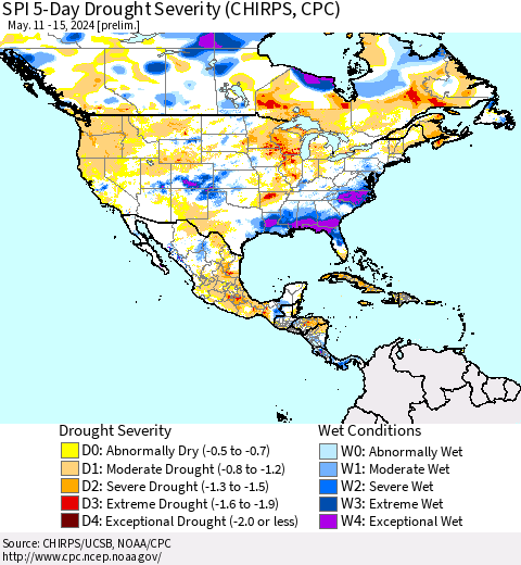 North America SPI 5-Day Drought Severity (CHIRPS) Thematic Map For 5/11/2024 - 5/15/2024