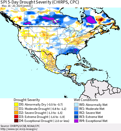 North America SPI 5-Day Drought Severity (CHIRPS) Thematic Map For 5/16/2024 - 5/20/2024