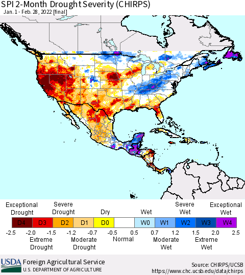 North America SPI 2-Month Drought Severity (CHIRPS) Thematic Map For 1/1/2022 - 2/28/2022