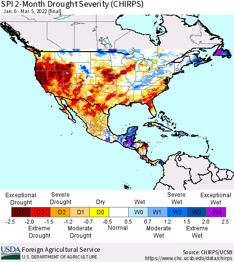 North America SPI 2-Month Drought Severity (CHIRPS) Thematic Map For 1/6/2022 - 3/5/2022