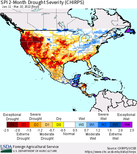 North America SPI 2-Month Drought Severity (CHIRPS) Thematic Map For 1/11/2022 - 3/10/2022