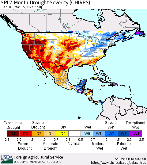 North America SPI 2-Month Drought Severity (CHIRPS) Thematic Map For 1/16/2022 - 3/15/2022
