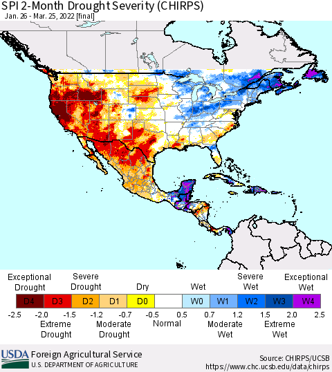 North America SPI 2-Month Drought Severity (CHIRPS) Thematic Map For 1/26/2022 - 3/25/2022