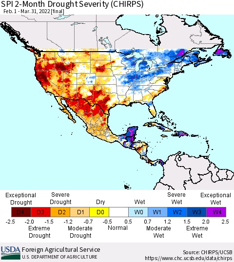 North America SPI 2-Month Drought Severity (CHIRPS) Thematic Map For 2/1/2022 - 3/31/2022