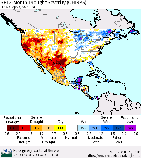 North America SPI 2-Month Drought Severity (CHIRPS) Thematic Map For 2/6/2022 - 4/5/2022