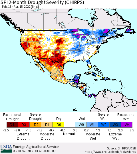 North America SPI 2-Month Drought Severity (CHIRPS) Thematic Map For 2/16/2022 - 4/15/2022