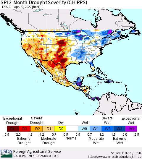North America SPI 2-Month Drought Severity (CHIRPS) Thematic Map For 2/21/2022 - 4/20/2022