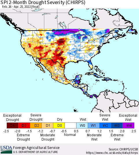North America SPI 2-Month Drought Severity (CHIRPS) Thematic Map For 2/26/2022 - 4/25/2022
