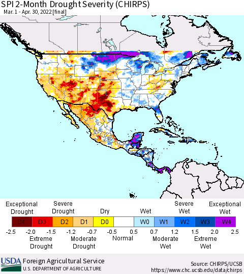 North America SPI 2-Month Drought Severity (CHIRPS) Thematic Map For 3/1/2022 - 4/30/2022
