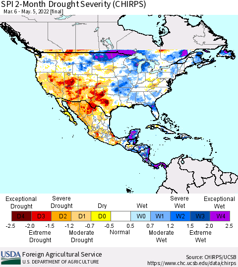 North America SPI 2-Month Drought Severity (CHIRPS) Thematic Map For 3/6/2022 - 5/5/2022