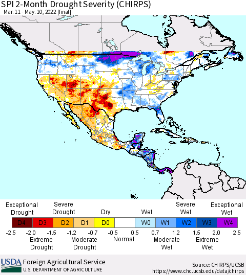 North America SPI 2-Month Drought Severity (CHIRPS) Thematic Map For 3/11/2022 - 5/10/2022