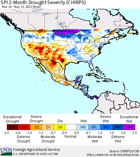 North America SPI 2-Month Drought Severity (CHIRPS) Thematic Map For 3/16/2022 - 5/15/2022