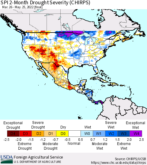 North America SPI 2-Month Drought Severity (CHIRPS) Thematic Map For 3/26/2022 - 5/25/2022