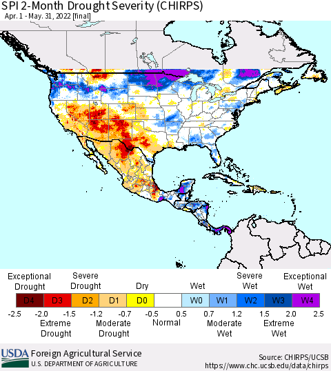 North America SPI 2-Month Drought Severity (CHIRPS) Thematic Map For 4/1/2022 - 5/31/2022