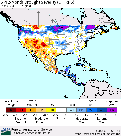 North America SPI 2-Month Drought Severity (CHIRPS) Thematic Map For 4/6/2022 - 6/5/2022
