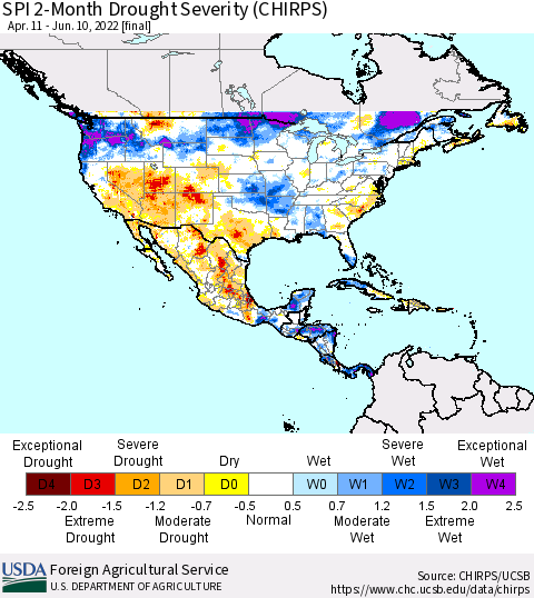 North America SPI 2-Month Drought Severity (CHIRPS) Thematic Map For 4/11/2022 - 6/10/2022