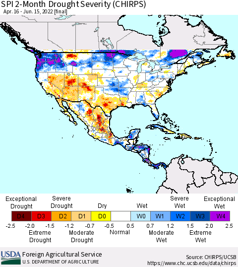 North America SPI 2-Month Drought Severity (CHIRPS) Thematic Map For 4/16/2022 - 6/15/2022
