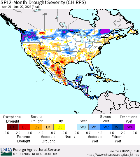 North America SPI 2-Month Drought Severity (CHIRPS) Thematic Map For 4/21/2022 - 6/20/2022