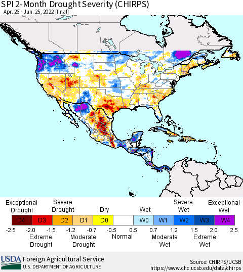 North America SPI 2-Month Drought Severity (CHIRPS) Thematic Map For 4/26/2022 - 6/25/2022