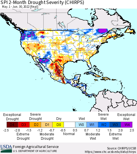 North America SPI 2-Month Drought Severity (CHIRPS) Thematic Map For 5/1/2022 - 6/30/2022