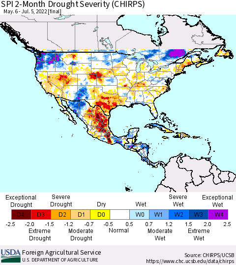 North America SPI 2-Month Drought Severity (CHIRPS) Thematic Map For 5/6/2022 - 7/5/2022
