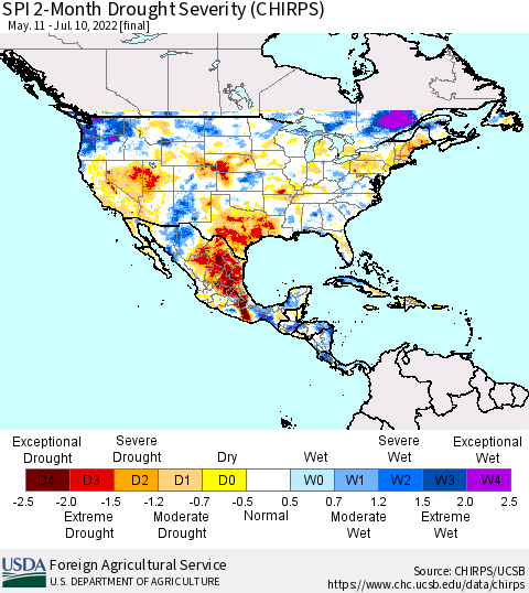 North America SPI 2-Month Drought Severity (CHIRPS) Thematic Map For 5/11/2022 - 7/10/2022