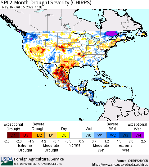 North America SPI 2-Month Drought Severity (CHIRPS) Thematic Map For 5/16/2022 - 7/15/2022