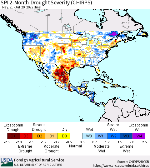 North America SPI 2-Month Drought Severity (CHIRPS) Thematic Map For 5/21/2022 - 7/20/2022