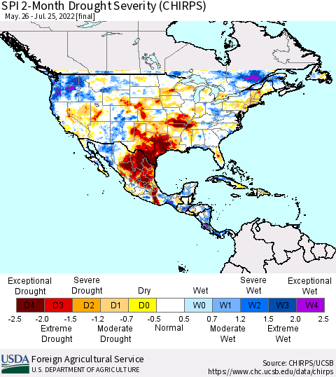 North America SPI 2-Month Drought Severity (CHIRPS) Thematic Map For 5/26/2022 - 7/25/2022