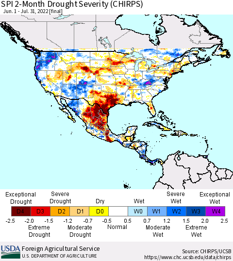 North America SPI 2-Month Drought Severity (CHIRPS) Thematic Map For 6/1/2022 - 7/31/2022