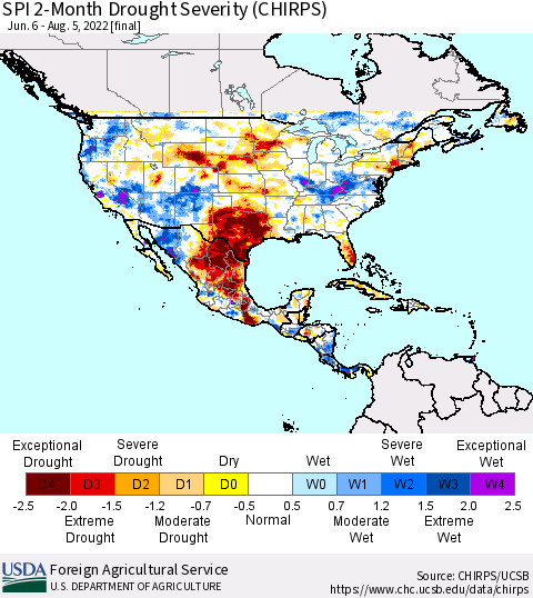 North America SPI 2-Month Drought Severity (CHIRPS) Thematic Map For 6/6/2022 - 8/5/2022