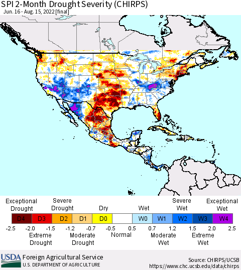 North America SPI 2-Month Drought Severity (CHIRPS) Thematic Map For 6/16/2022 - 8/15/2022