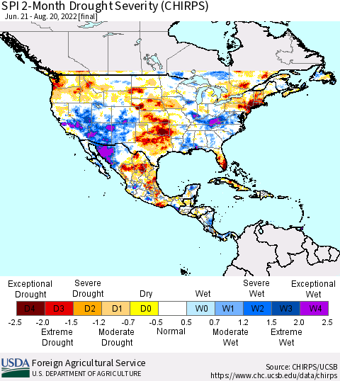 North America SPI 2-Month Drought Severity (CHIRPS) Thematic Map For 6/21/2022 - 8/20/2022