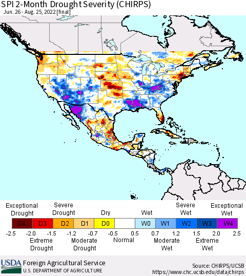 North America SPI 2-Month Drought Severity (CHIRPS) Thematic Map For 6/26/2022 - 8/25/2022
