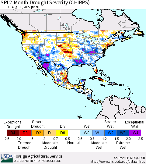 North America SPI 2-Month Drought Severity (CHIRPS) Thematic Map For 7/1/2022 - 8/31/2022