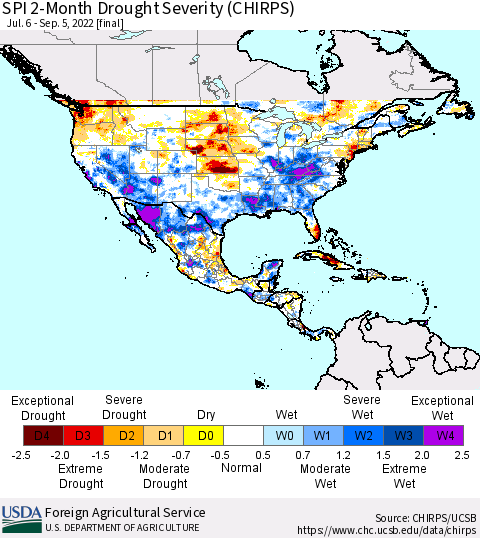 North America SPI 2-Month Drought Severity (CHIRPS) Thematic Map For 7/6/2022 - 9/5/2022