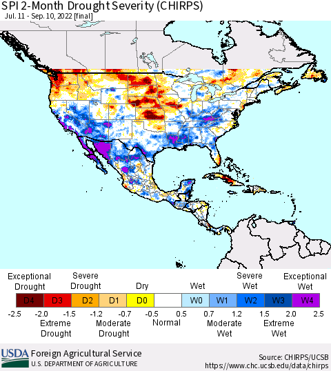 North America SPI 2-Month Drought Severity (CHIRPS) Thematic Map For 7/11/2022 - 9/10/2022