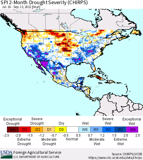 North America SPI 2-Month Drought Severity (CHIRPS) Thematic Map For 7/16/2022 - 9/15/2022