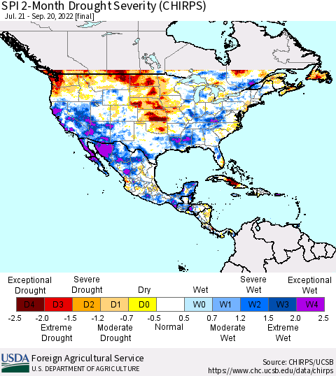 North America SPI 2-Month Drought Severity (CHIRPS) Thematic Map For 7/21/2022 - 9/20/2022