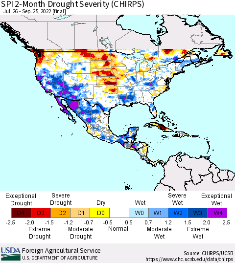 North America SPI 2-Month Drought Severity (CHIRPS) Thematic Map For 7/26/2022 - 9/25/2022