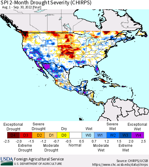 North America SPI 2-Month Drought Severity (CHIRPS) Thematic Map For 8/1/2022 - 9/30/2022