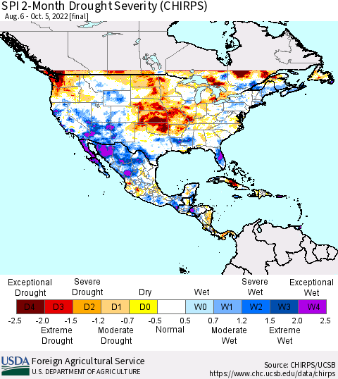 North America SPI 2-Month Drought Severity (CHIRPS) Thematic Map For 8/6/2022 - 10/5/2022