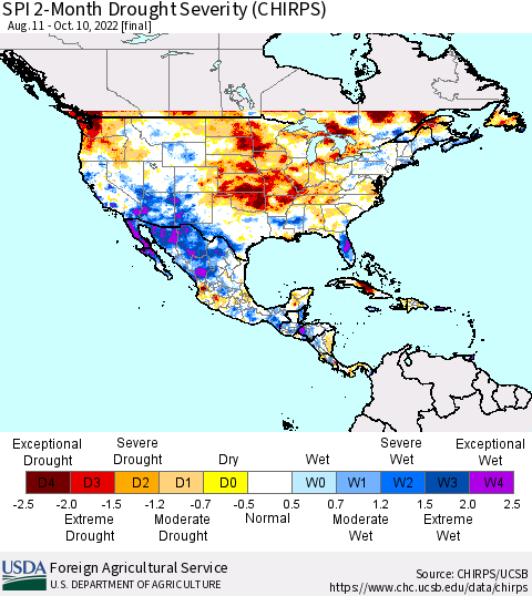 North America SPI 2-Month Drought Severity (CHIRPS) Thematic Map For 8/11/2022 - 10/10/2022