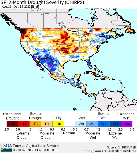 North America SPI 2-Month Drought Severity (CHIRPS) Thematic Map For 8/16/2022 - 10/15/2022