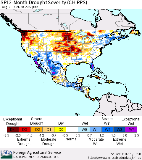 North America SPI 2-Month Drought Severity (CHIRPS) Thematic Map For 8/21/2022 - 10/20/2022
